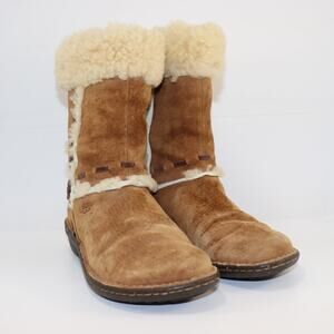 UGG Australia Chestnut Shearling Mid-Calf Boots Suede Lace Trim Women’s 6